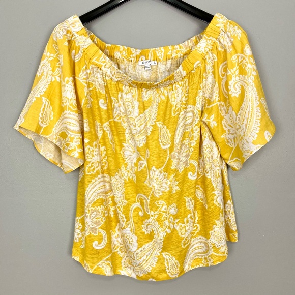 Chico’s Linen Paisley Off-Shoulder Top Women’s Size L Lightweight Boho Yellow - Picture 3 of 11